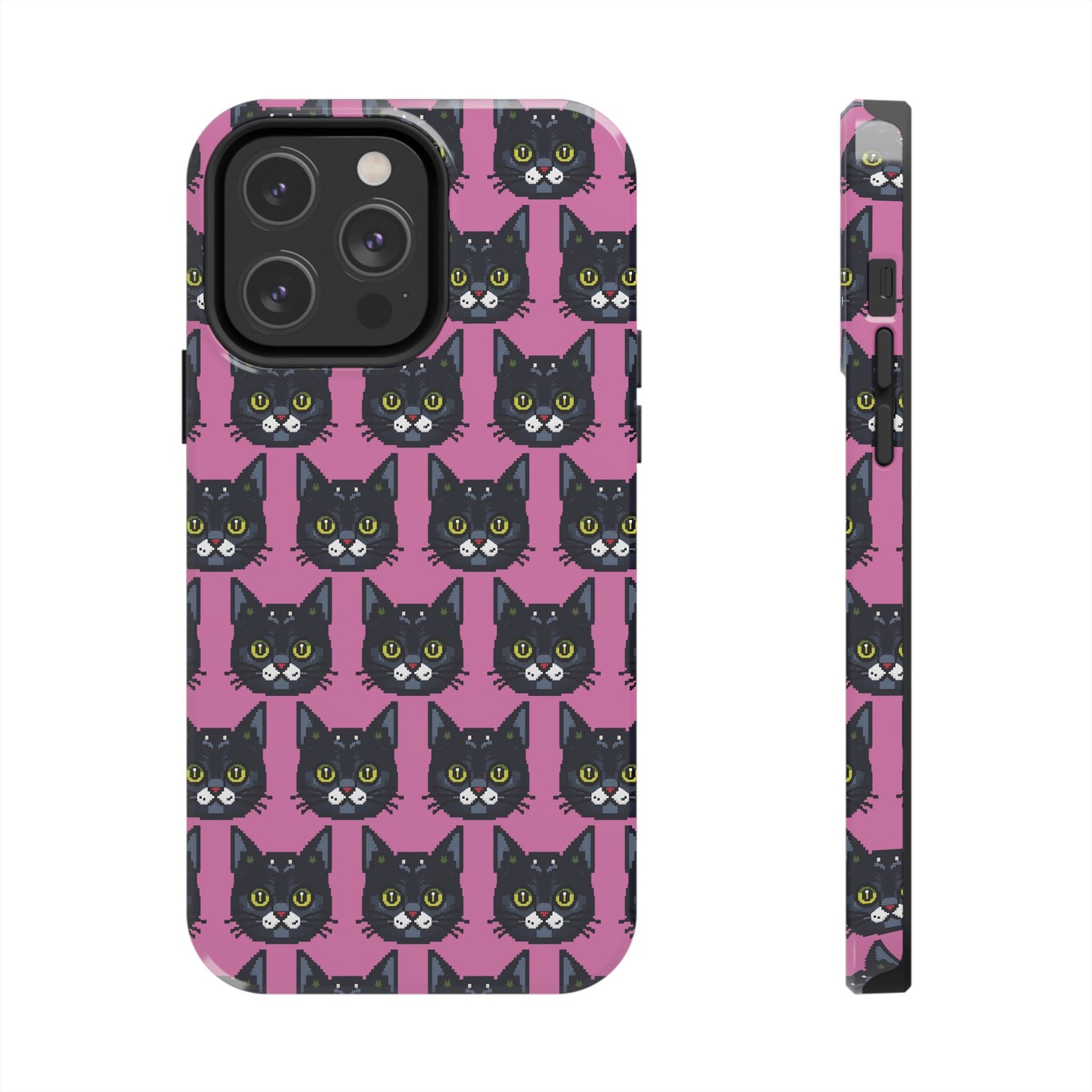 Playful Black Cat on Pink - Tough Phone Case - Pixel Cat Pattern - for iPhone