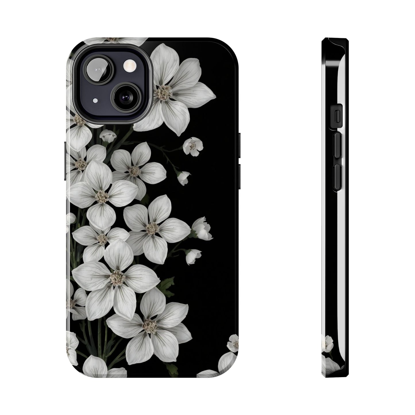 Floral Tough Phone Case - Pure Elegant White Petals on Black Background - for iPhone