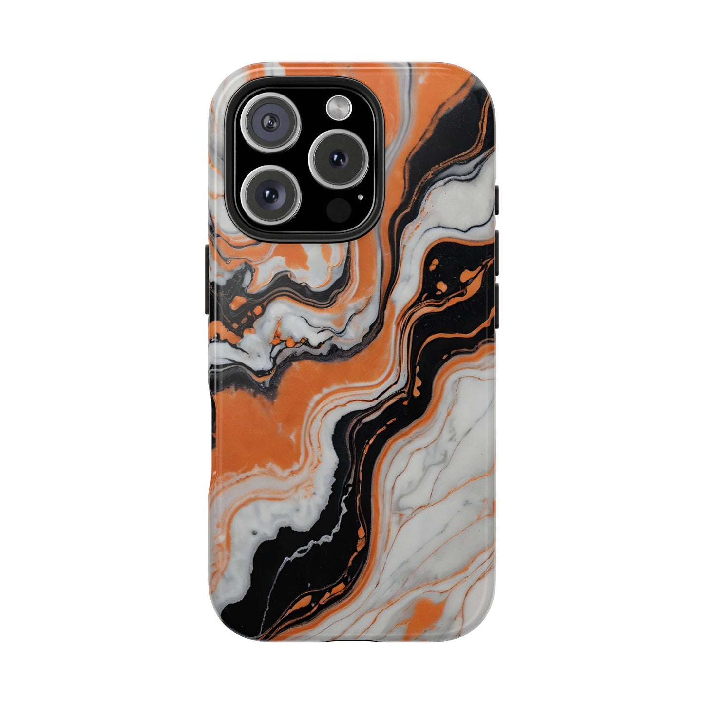 Stylish Tough Phone Case - Elegant Black, White & Orange Marble Design - for iPhone