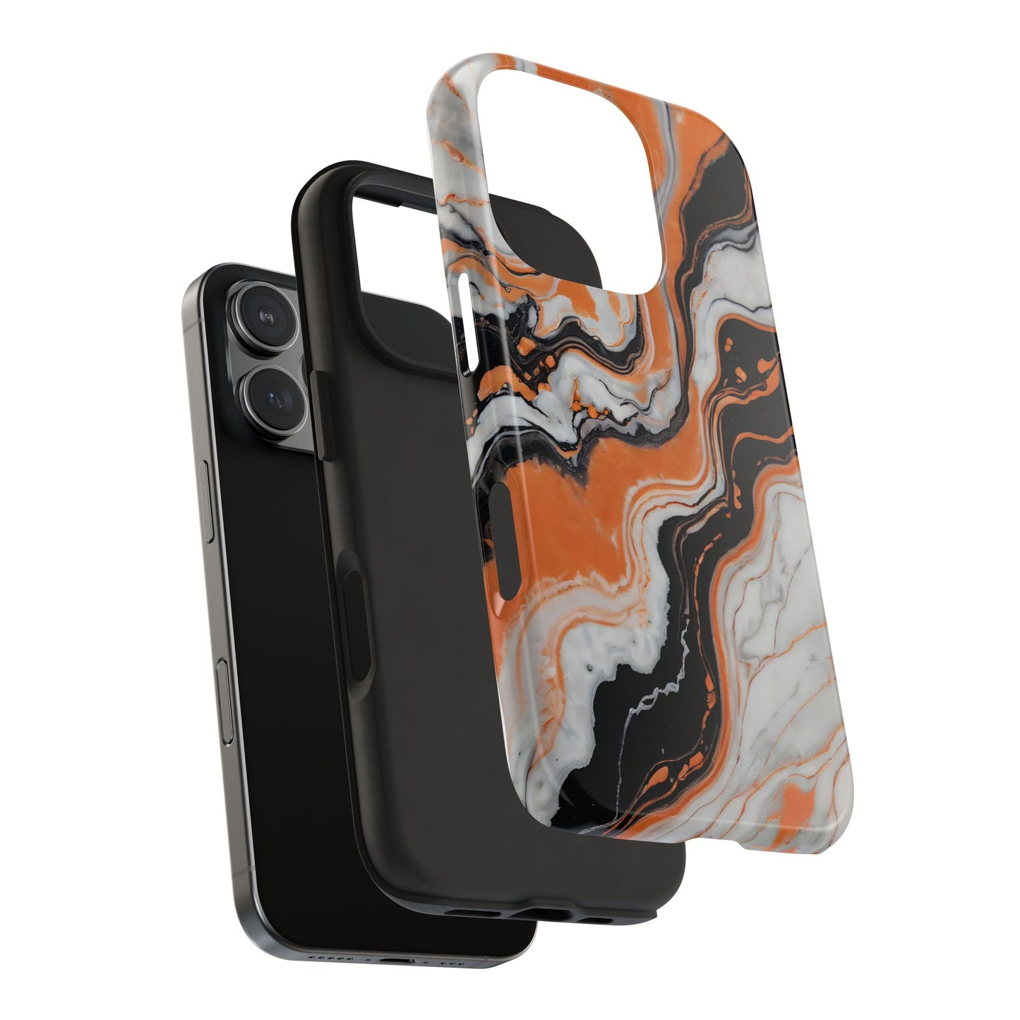 Stylish Tough Phone Case - Elegant Black, White & Orange Marble Design - for iPhone