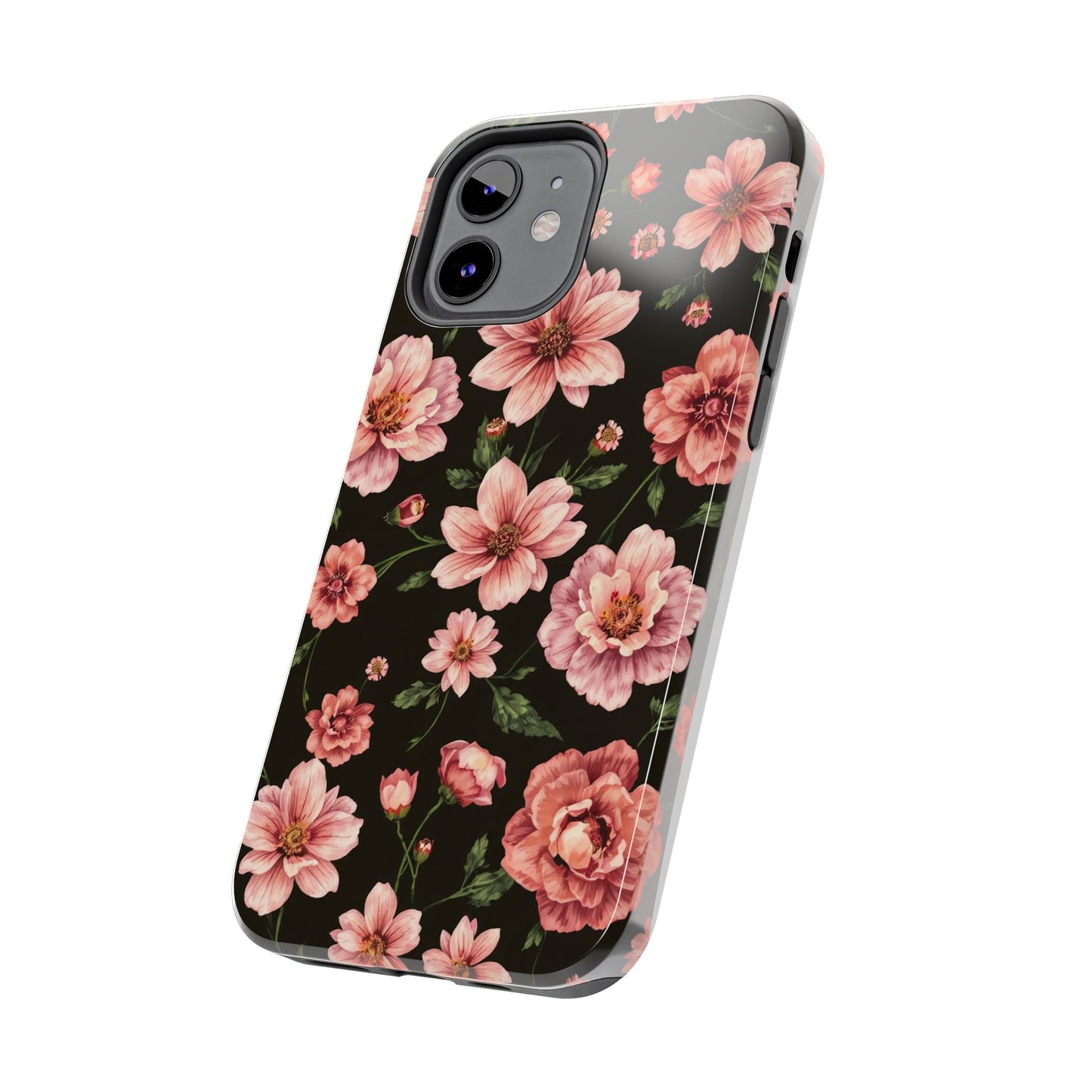 Floral Tough Phone Case - Durable Protection with Elegant Pink Flowers on Black Design - for iPhone