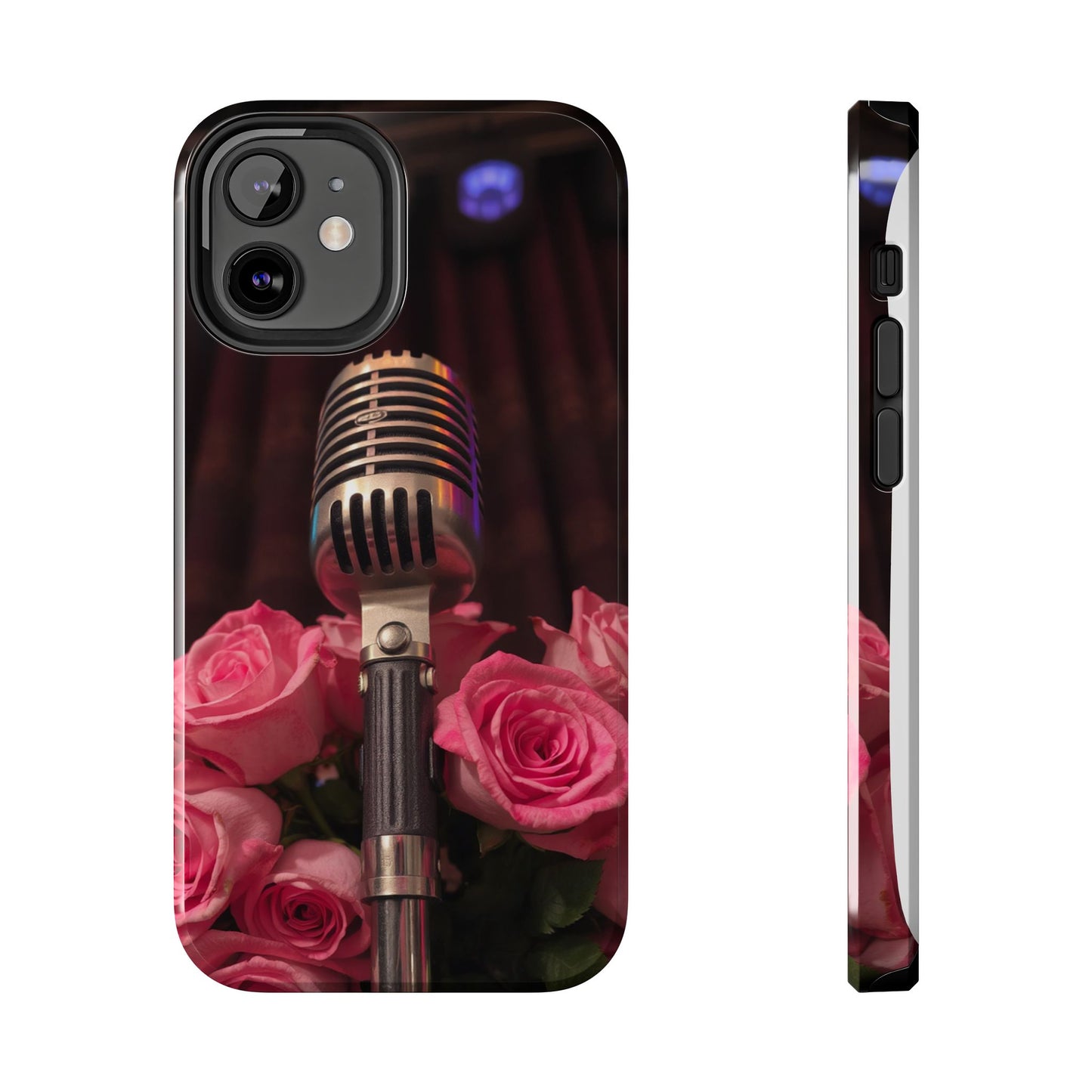 Stylish Tough Phone Case with Vintage Microphone and Roses