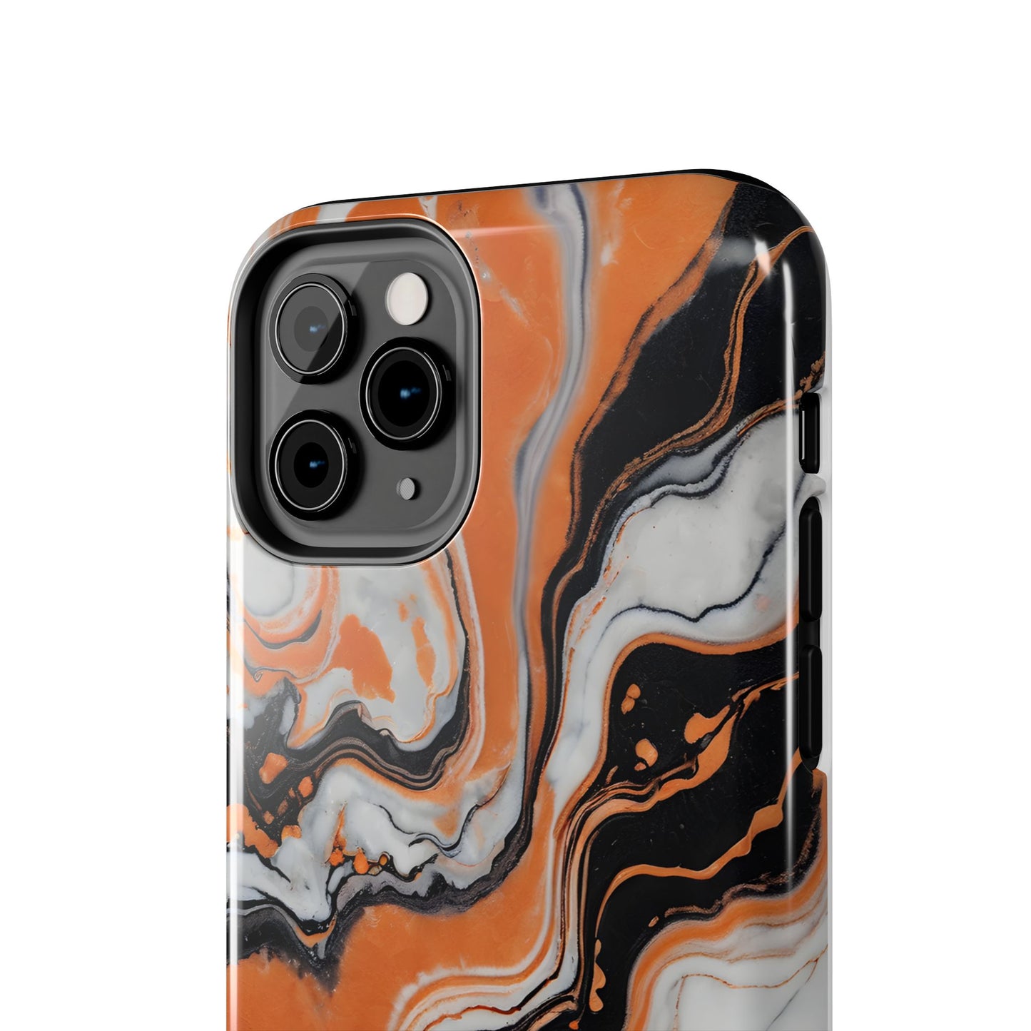 Stylish Tough Phone Case - Elegant Black, White & Orange Marble Design - for iPhone
