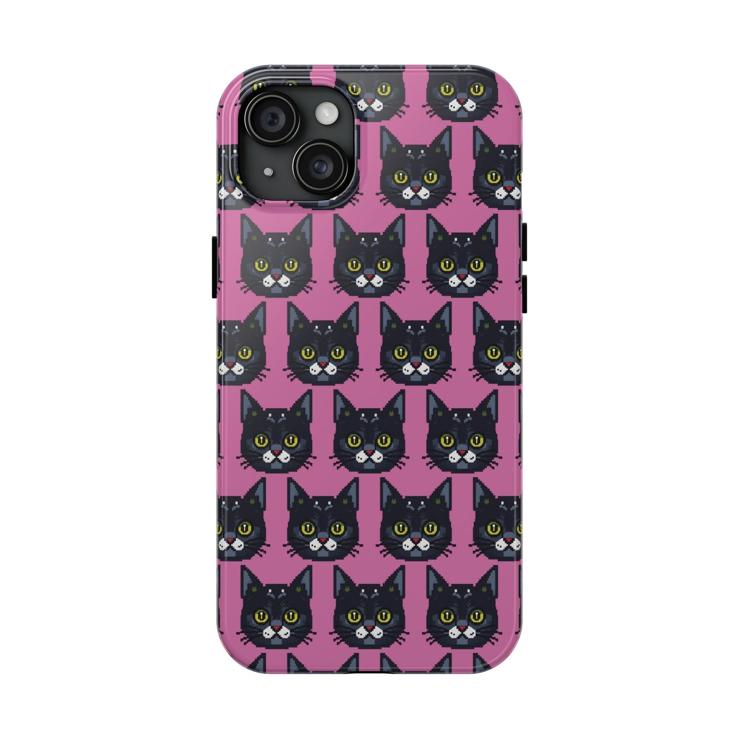 Playful Black Cat on Pink - Tough Phone Case - Pixel Cat Pattern - for iPhone