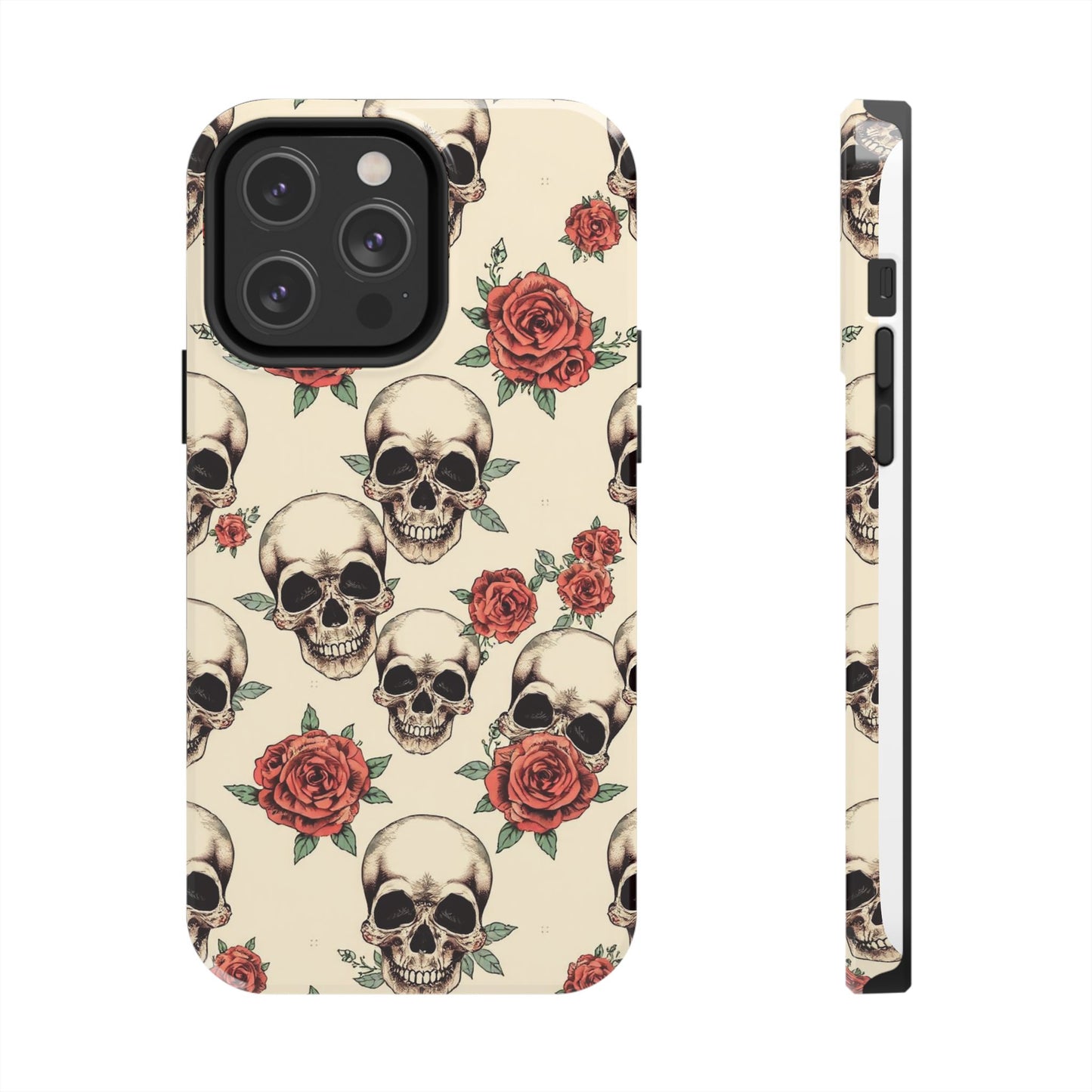 Tough Phone Case with Skull and Rose Design - Edgy Floral iPhone Protection