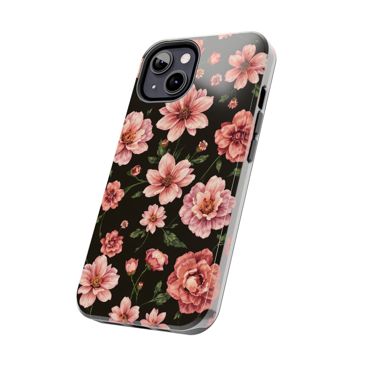 Floral Tough Phone Case - Durable Protection with Elegant Pink Flowers on Black Design - for iPhone