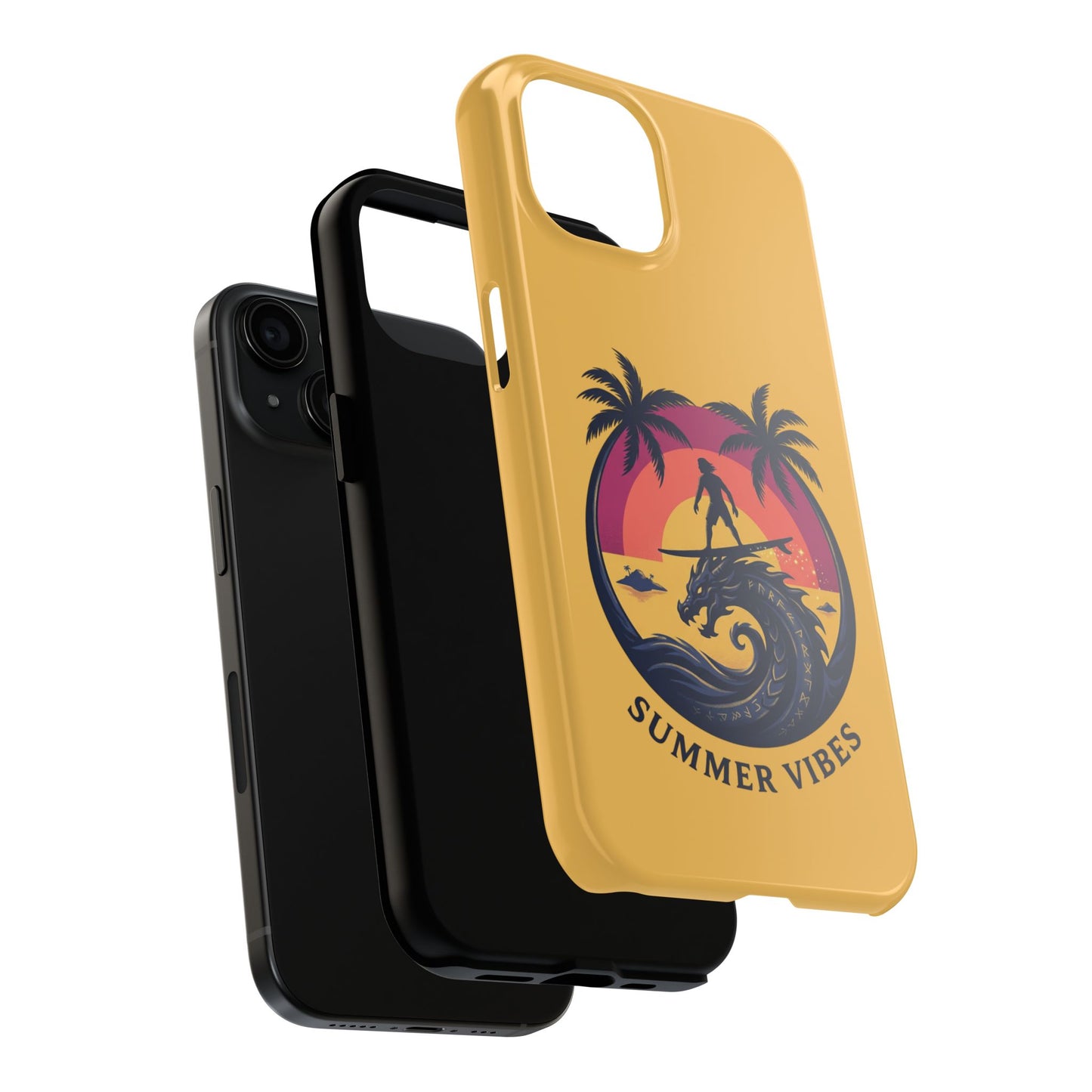 Surfing Dragon Phone Case — Silhouette Surfer with Palms & “Summer Vibes”