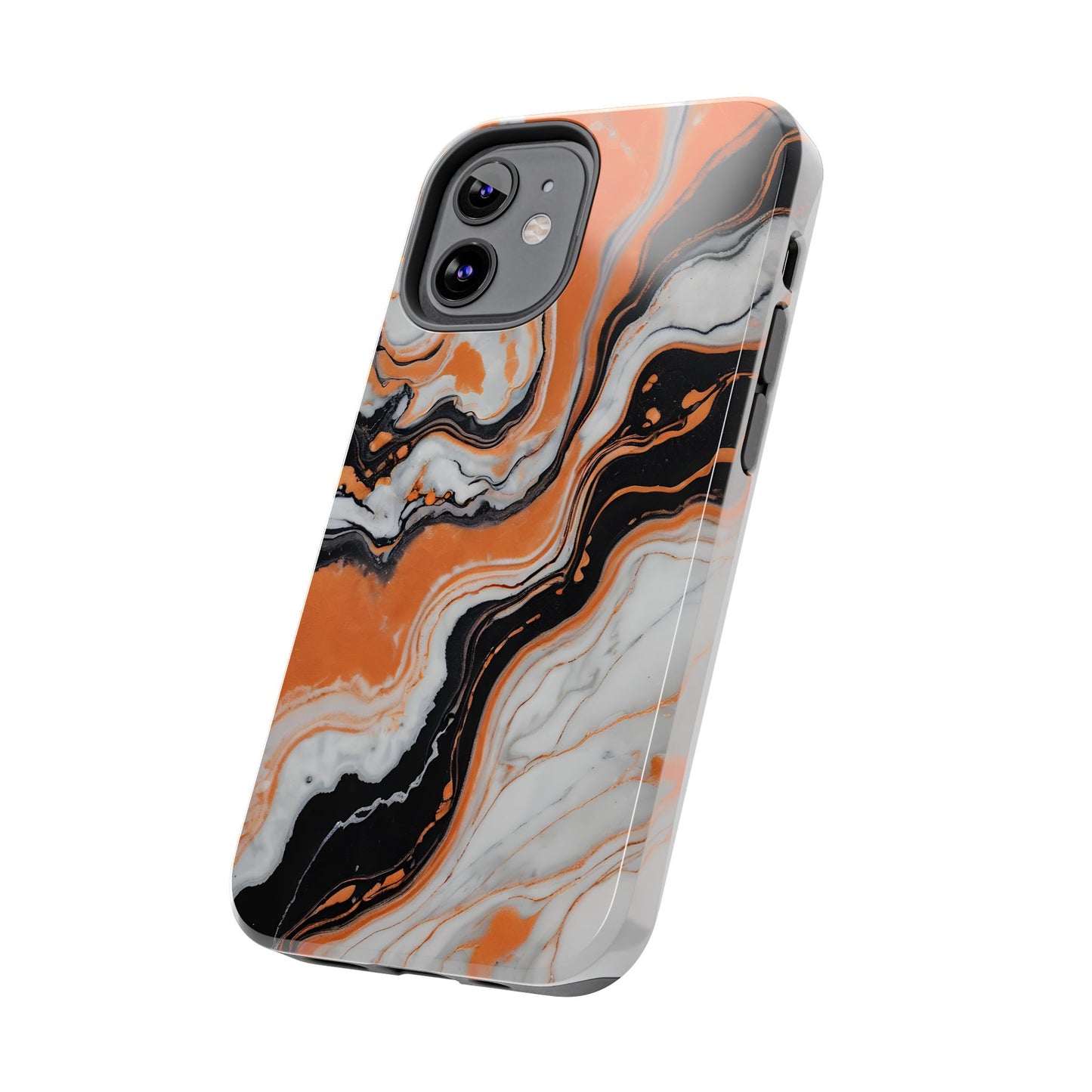 Stylish Tough Phone Case - Elegant Black, White & Orange Marble Design - for iPhone