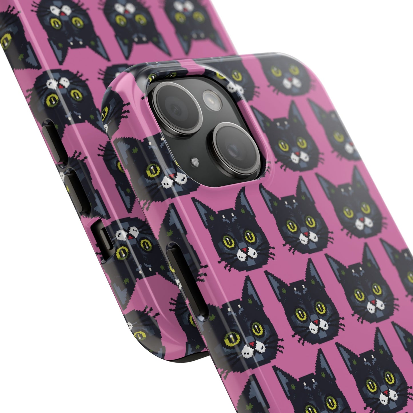 Playful Black Cat on Pink - Tough Phone Case - Pixel Cat Pattern - for iPhone