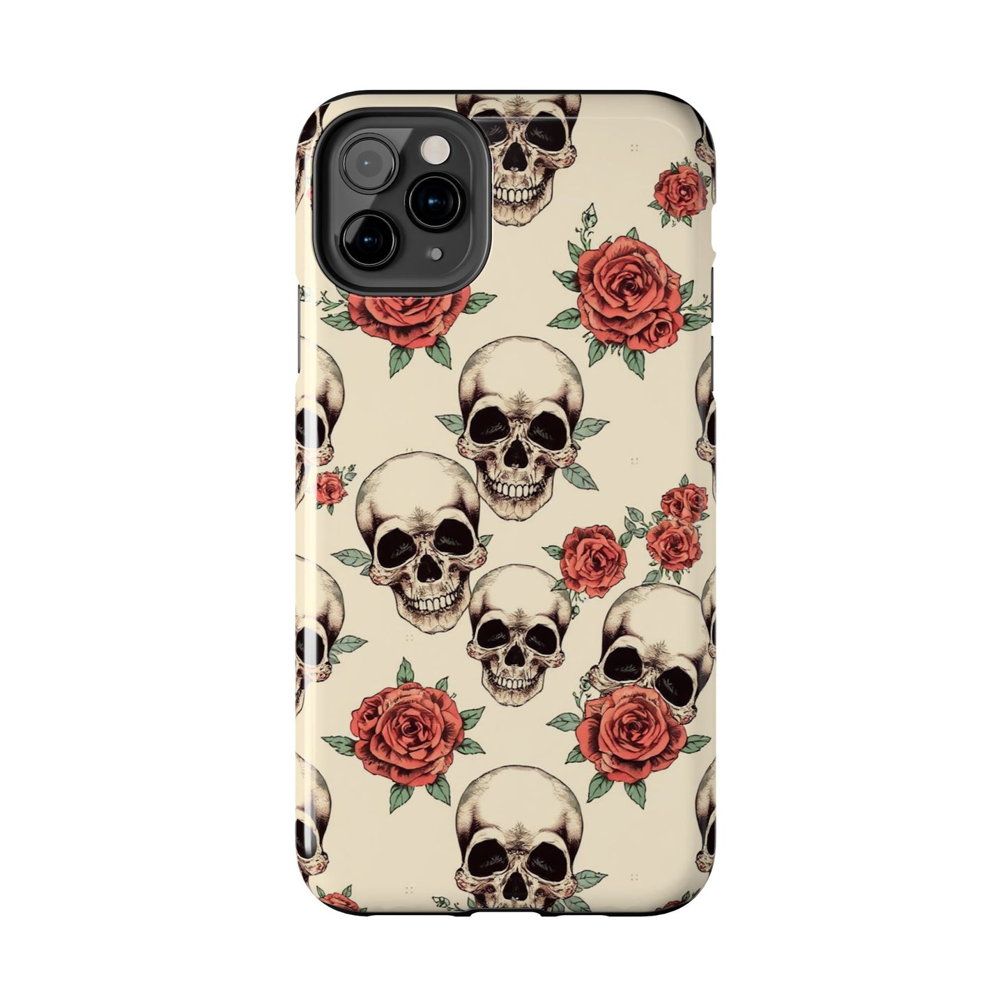 Tough Phone Case with Skull and Rose Design - Edgy Floral iPhone Protection