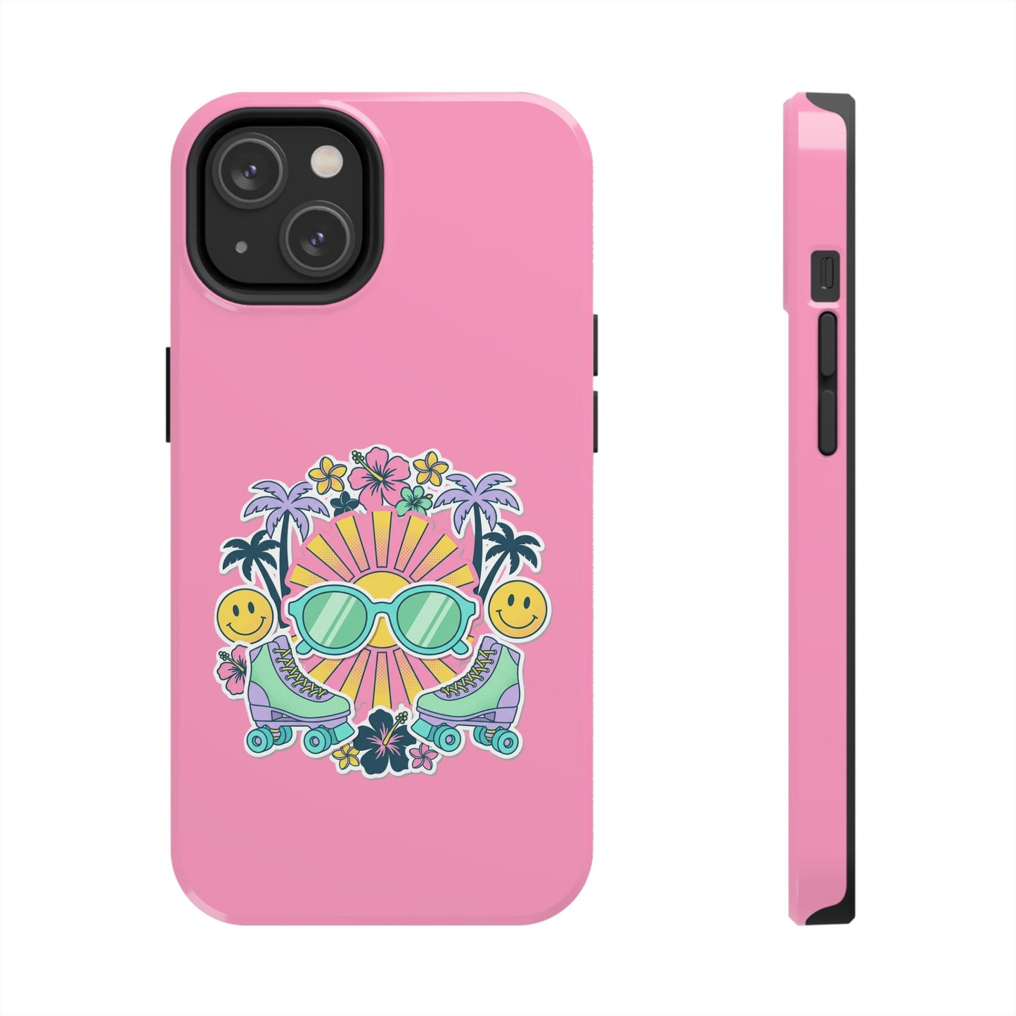 Retro Summer Phone Case — Y2K Palm Trees, Roller Skates & Smiley Collage