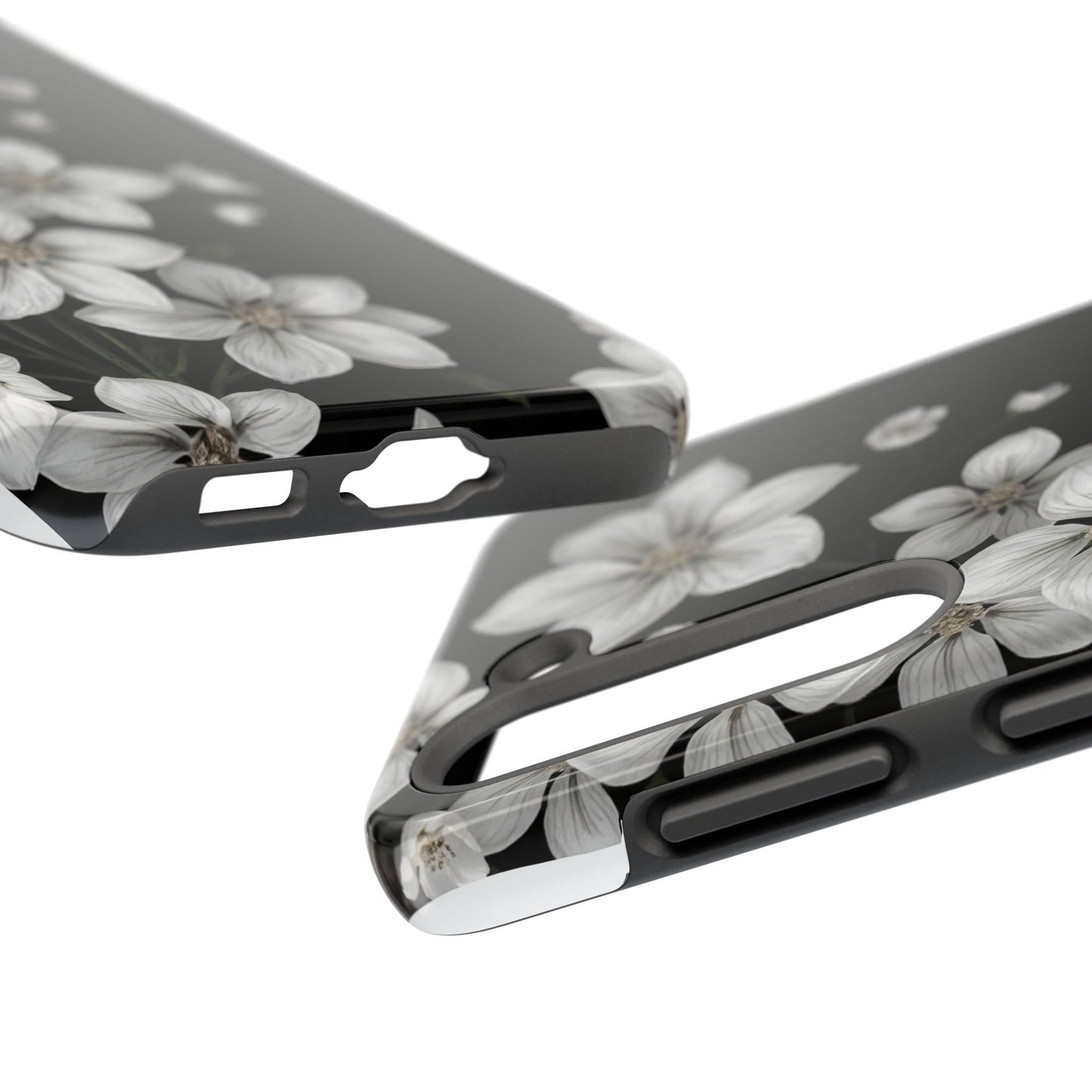 Floral Tough Phone Case - Pure Elegant White Petals on Black Background - for iPhone