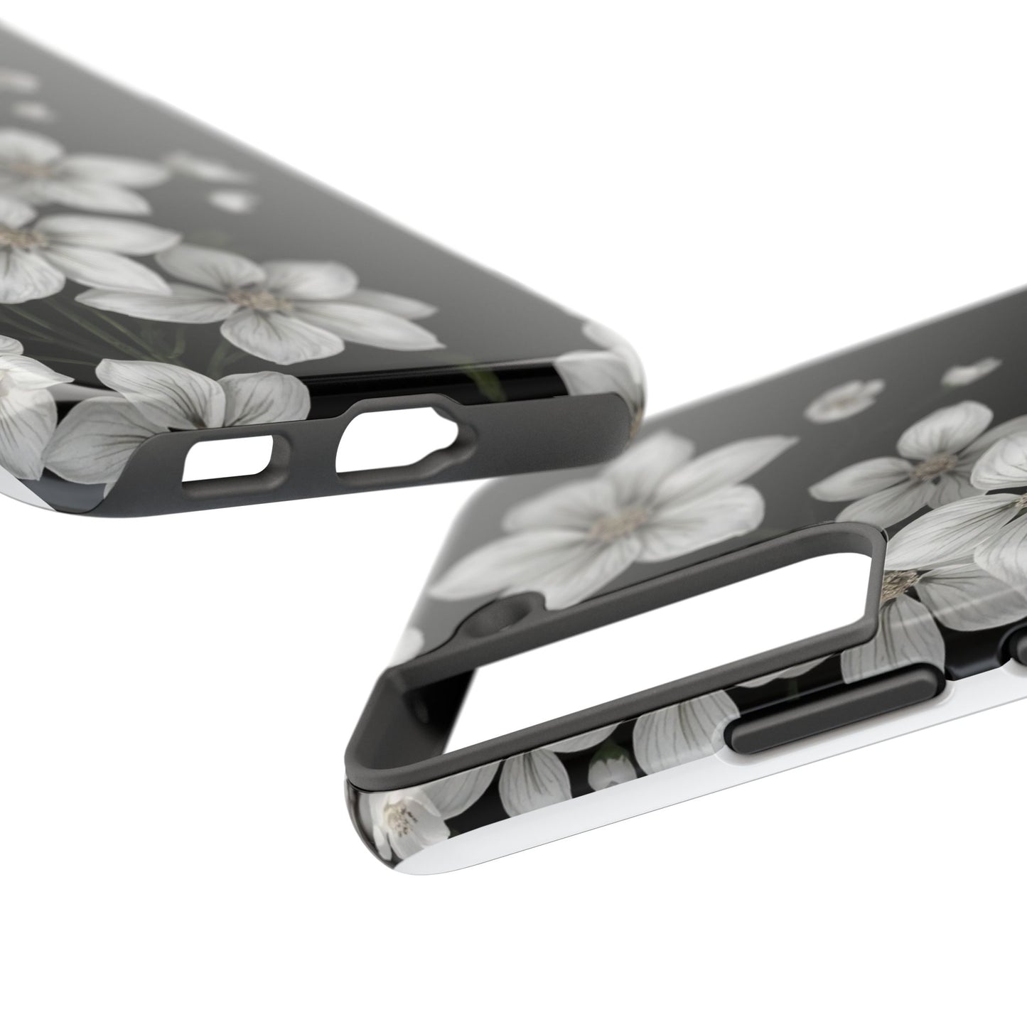 Floral Tough Phone Case - Pure Elegant White Petals on Black Background - for iPhone