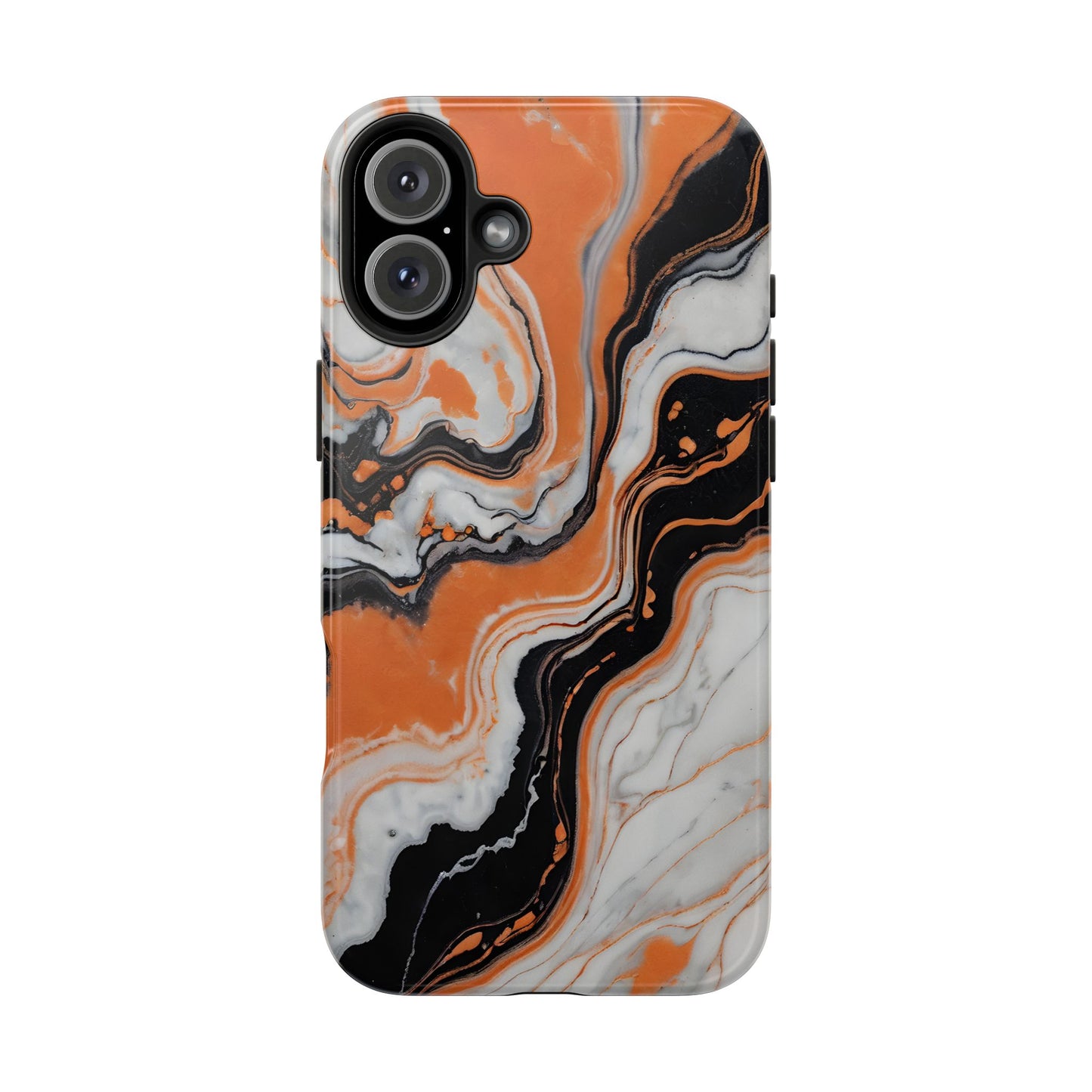 Stylish Tough Phone Case - Elegant Black, White & Orange Marble Design - for iPhone