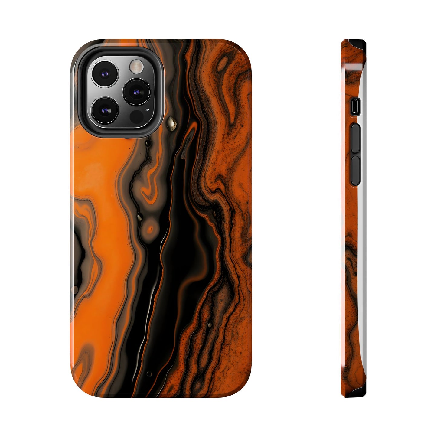 Stylish Tough Phone Case - Bold Black and Orange Metallic Lava Flow Design - for iPhone