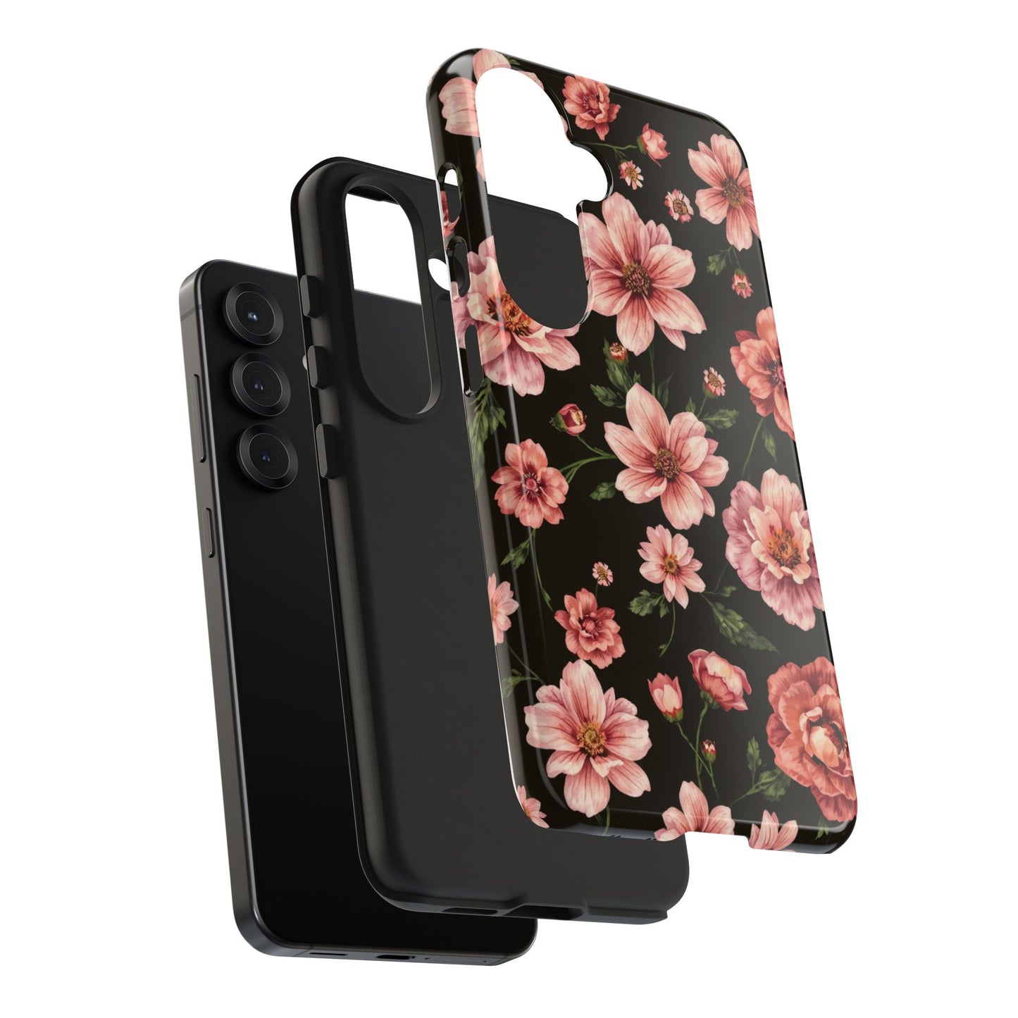 Floral Tough Phone Case - Durable Protection with Elegant Pink Flowers on Black Design - for iPhone