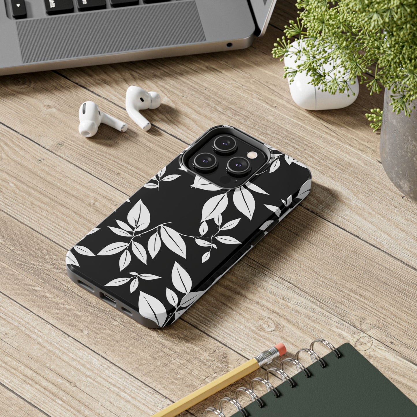 Chic Floral Tough Phone Case - Elegant Black & White Design for Stylish Protection