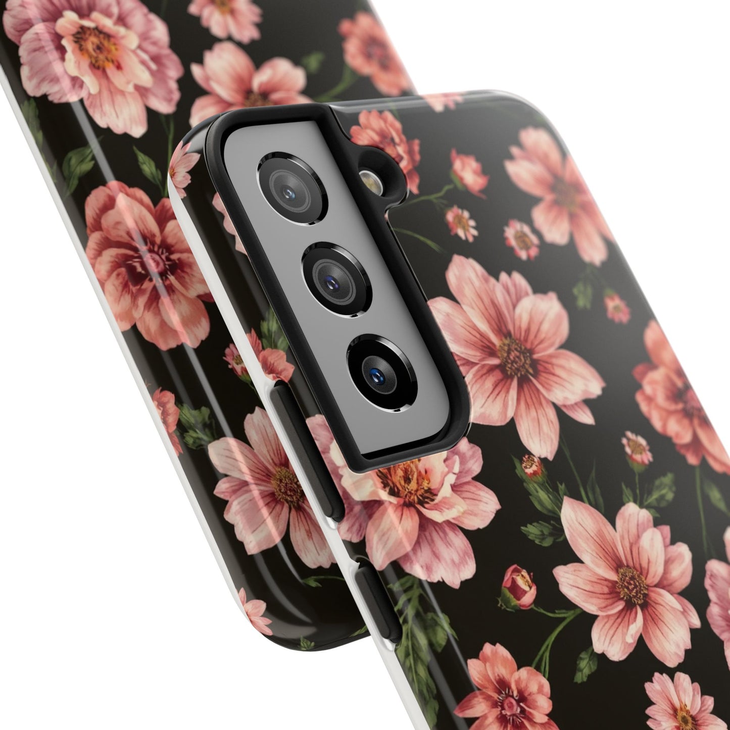Floral Tough Phone Case - Durable Protection with Elegant Pink Flowers on Black Design - for iPhone
