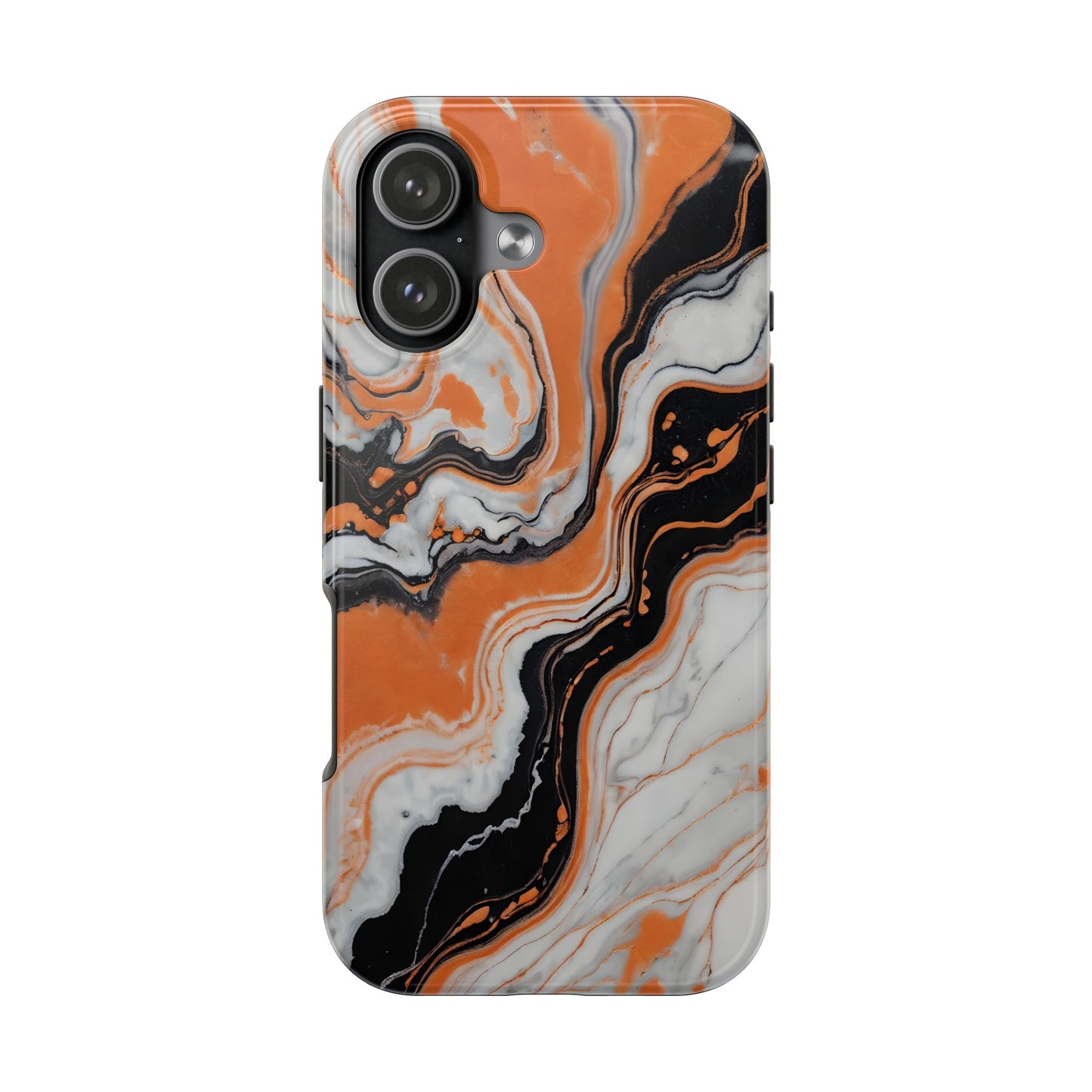 Stylish Tough Phone Case - Elegant Black, White & Orange Marble Design - for iPhone
